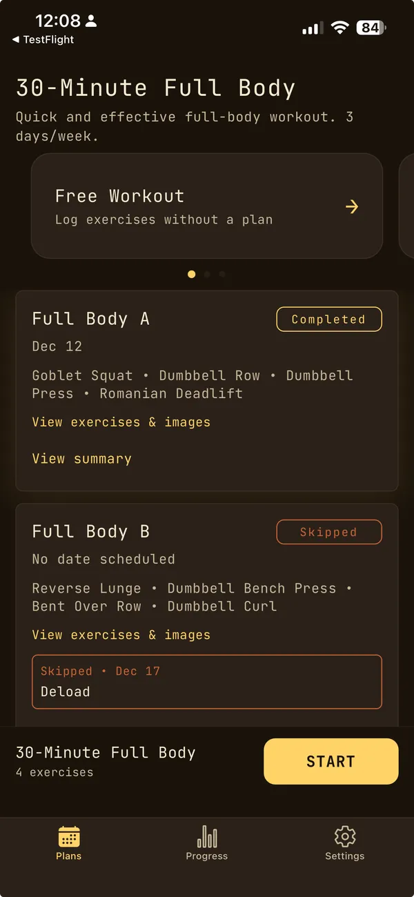 OwnLift app showing home screen with workout plan slider and today's workout of the day