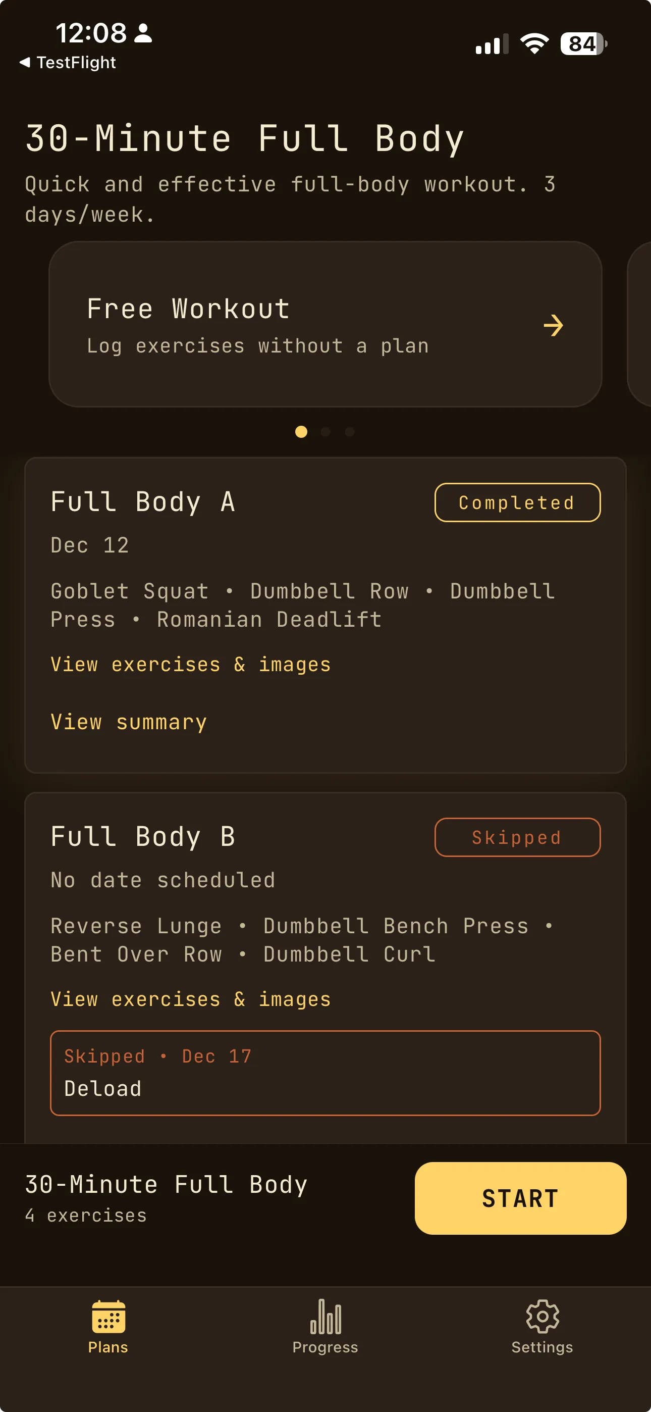 OwnLift app showing home screen with offline workout plan list and today's session details
