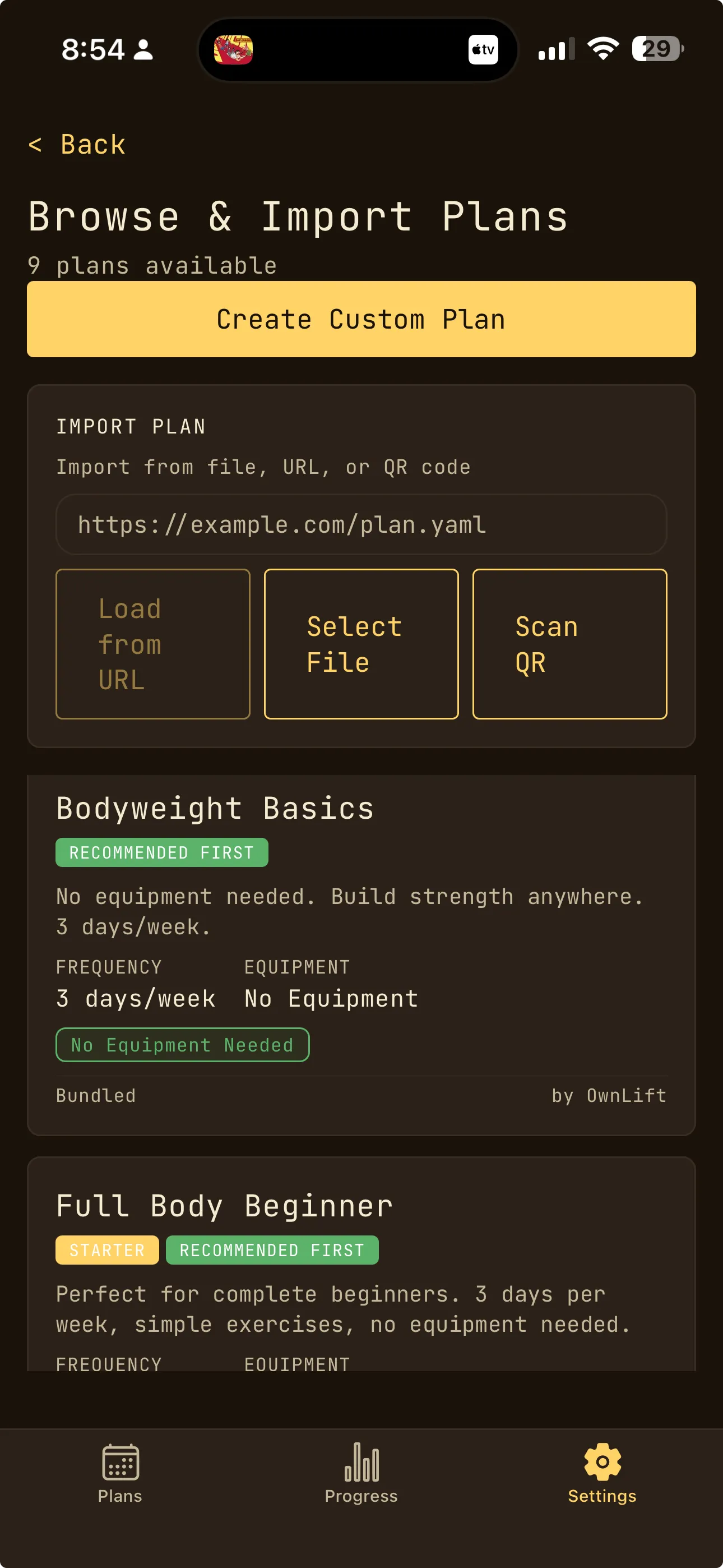OwnLift pre-built workout plans including Bodyweight Basics and Full Body Beginner programs