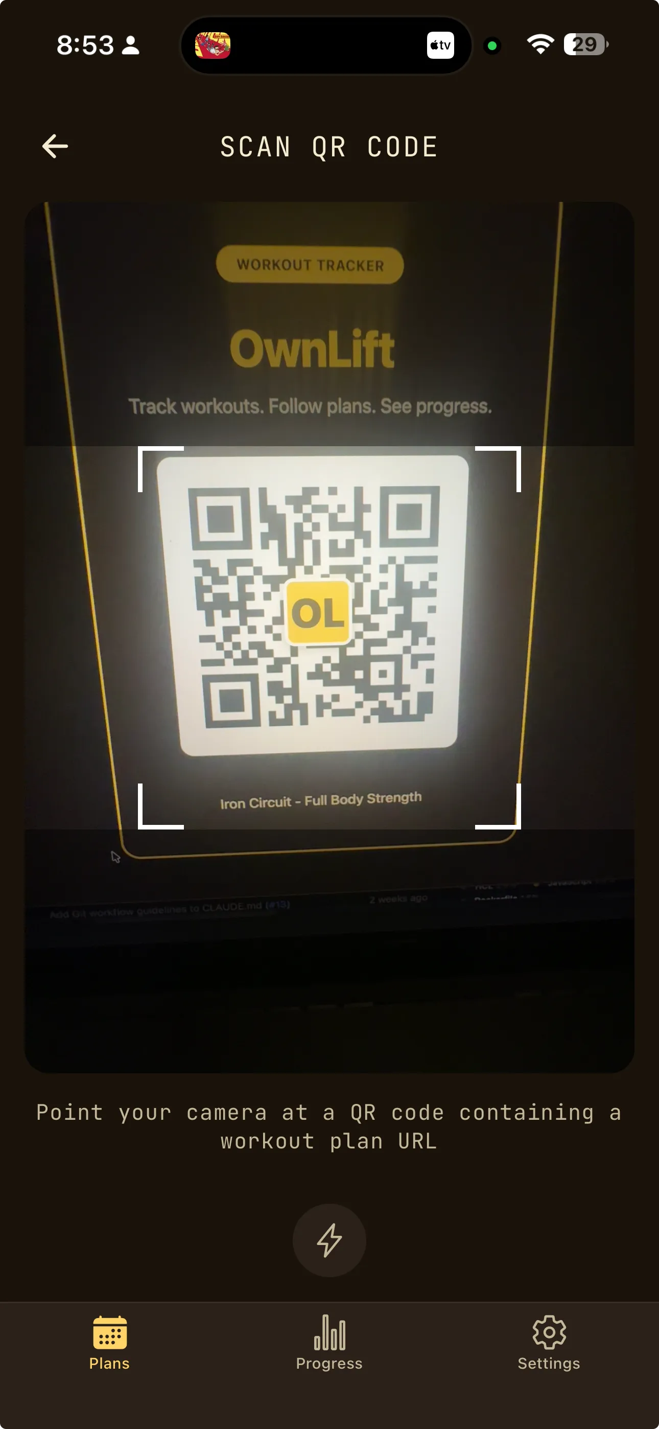 OwnLift QR code scanner for instant offline workout plan import without internet connection