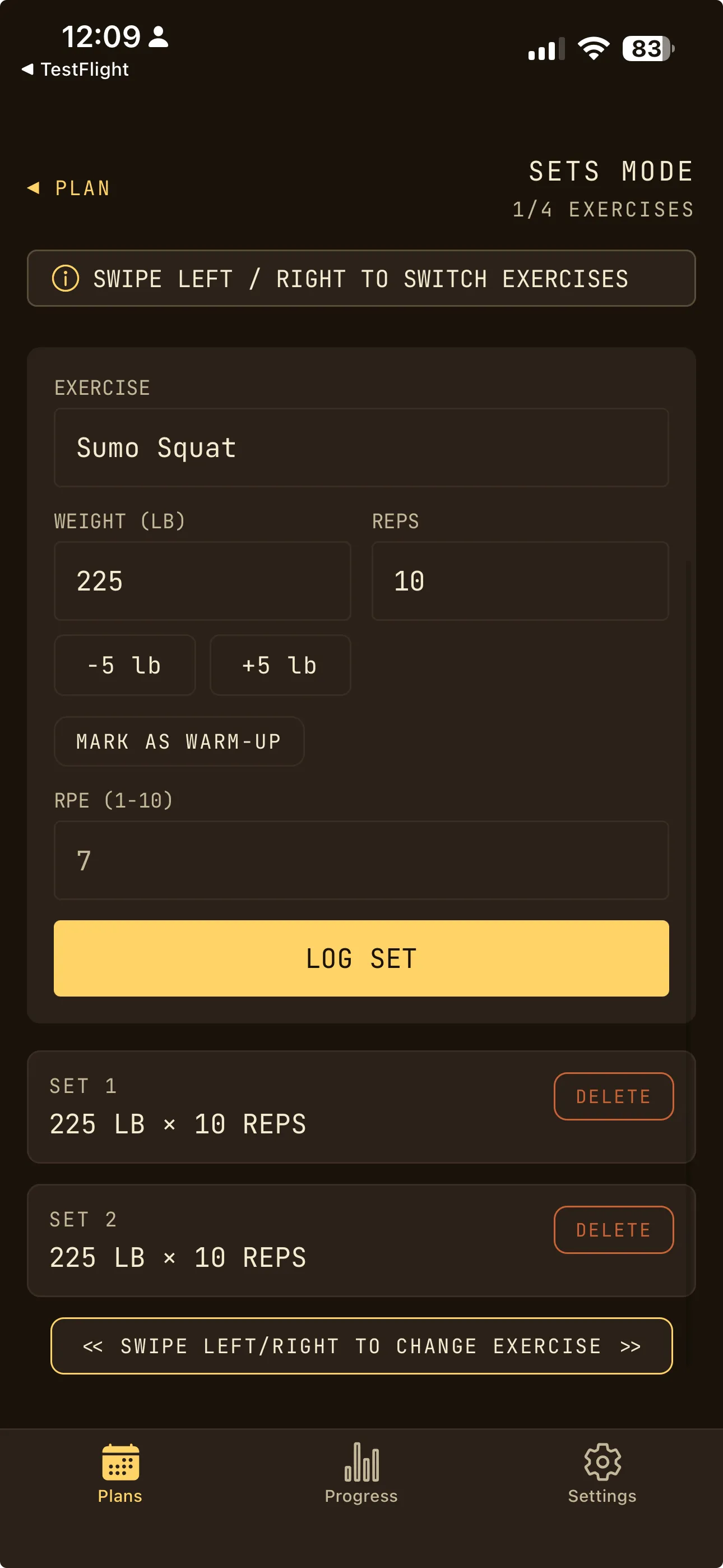 OwnLift app showing simple and fast workout logging screen with weight and reps input