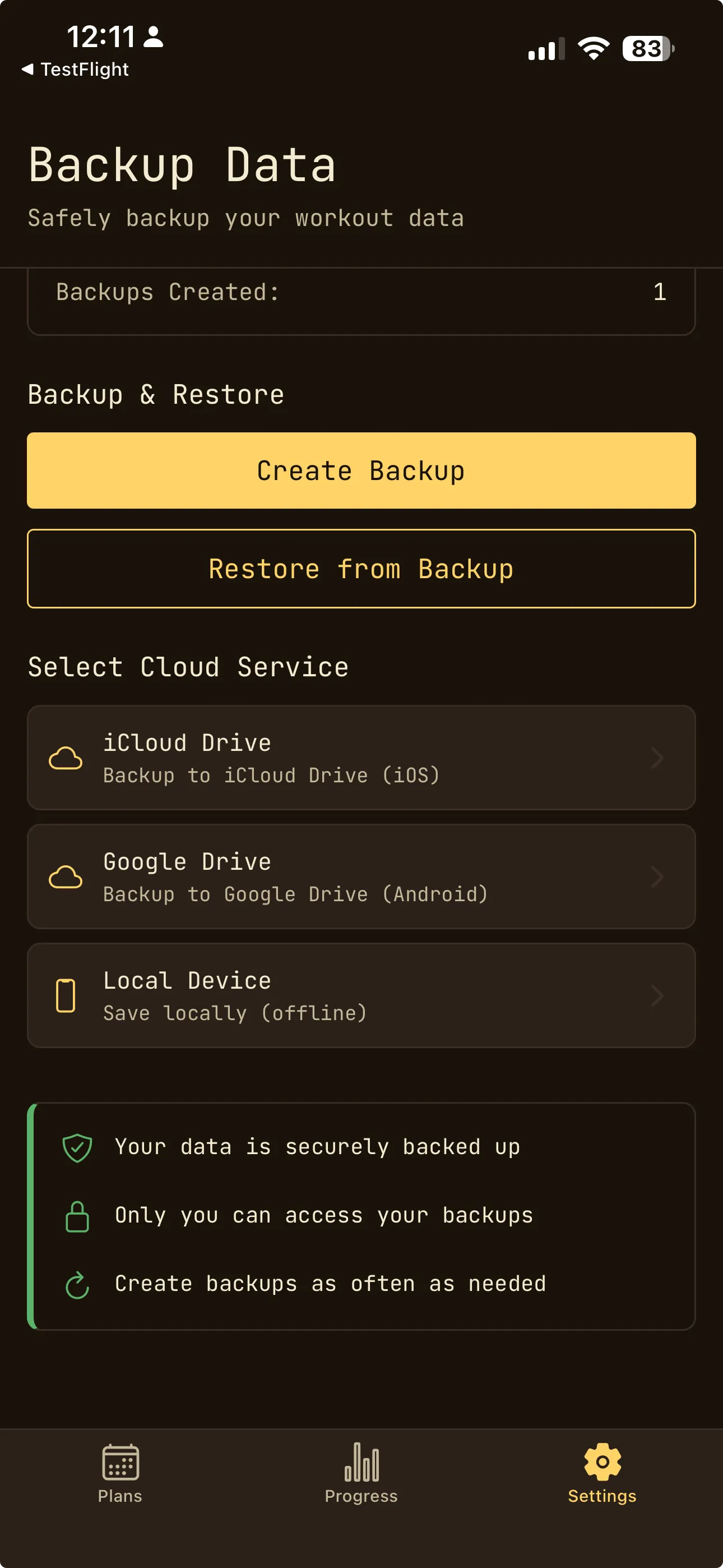 OwnLift app showing privacy-focused backup and restore screen with iCloud integration