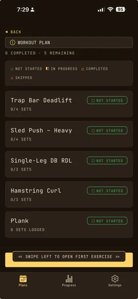 OwnLift workout exercises list with set tracking