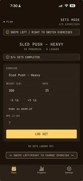 OwnLift set logging screen with weight and reps input