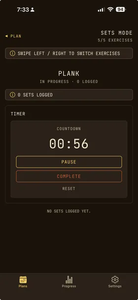 OwnLift built-in timer for rest periods and timed exercises