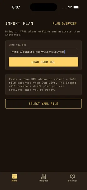 OwnLift import plan screen - load plans from URL or YAML file